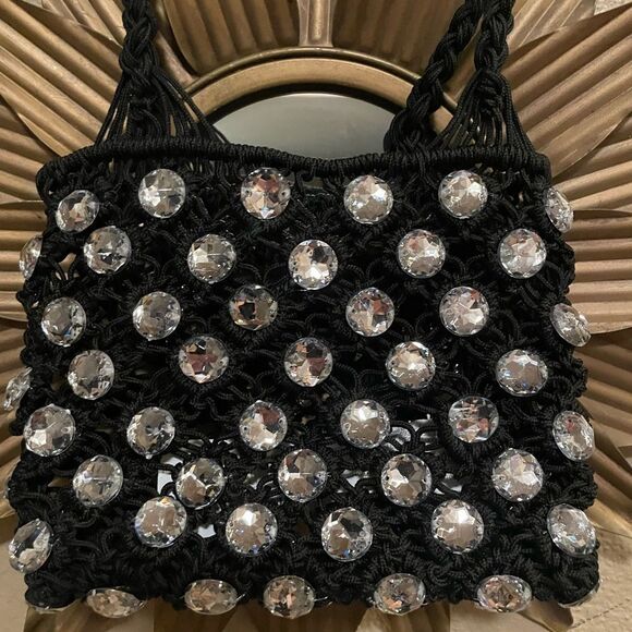 ZARA Black Crocheted Rhinestone Jeweled Evening Purse - Picture 3 of 16